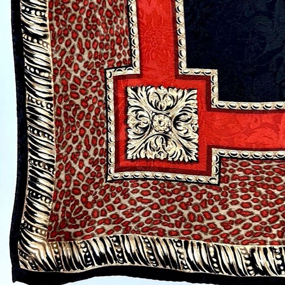 Ellen Tracy Linda Allard Silk Jacquard Cheetah Scarf Black Red Beige Vintage - Picture 5 of 12